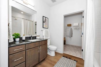 a bathroom with a mirror and a toilet and a shower